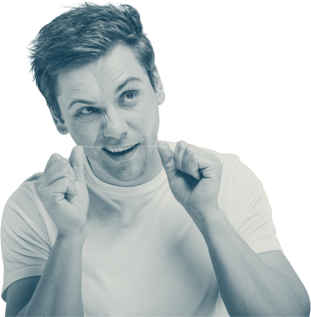 A man mid-floss, glancing sideways